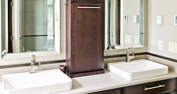 Ensuite Maple stained espresso slab doors custom on counter cabinet