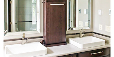 Ensuite Maple stained espresso slab doors custom on counter cabinet