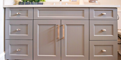 Main bathroom MDF painted asphalt grey custom bunn feet